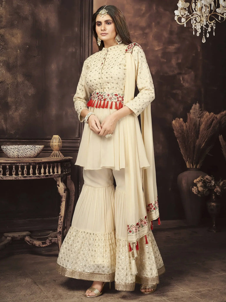 Fantabulous Off-White Sequins Georgette Ready-Made Peplum Top Sharara