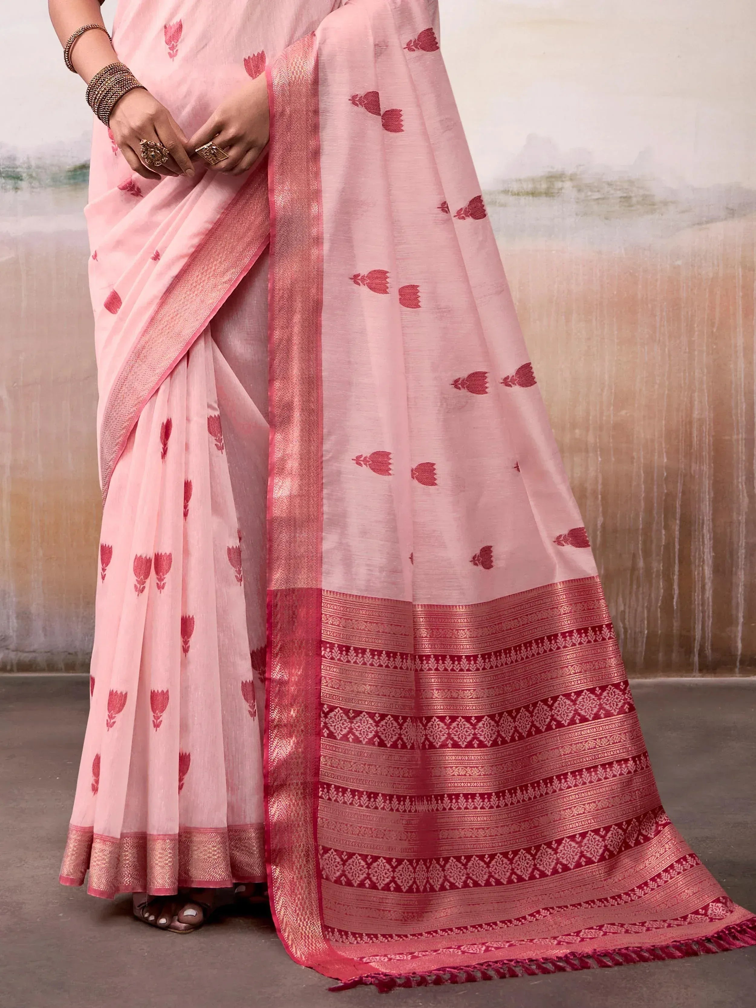 Pink floral printed saree with red border, traditional Indian ethnic wear for women