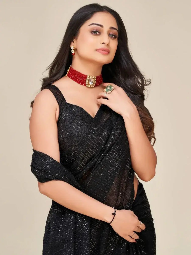 Radiant Black Sequin Worked Georgette Party Wear Saree With Blouse