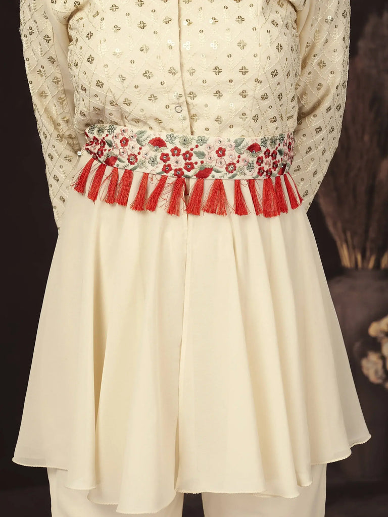 Fantabulous Off-White Sequins Georgette Ready-Made Peplum Top Sharara
