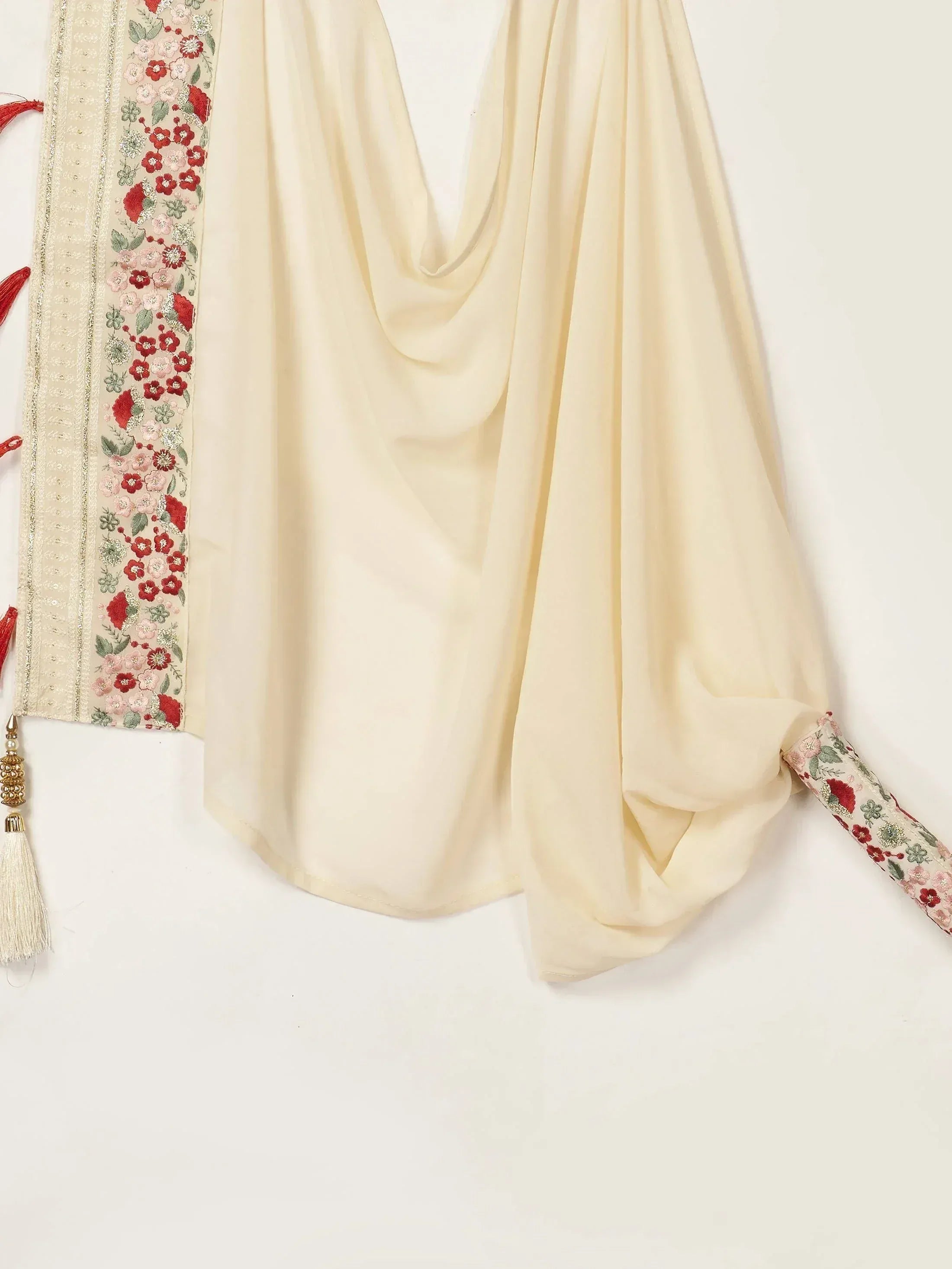 Cream ethnic dupatta with red and green floral embroidery and tassel detailing