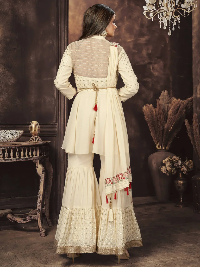 Fantabulous Off-White Sequins Georgette Ready-Made Peplum Top Sharara