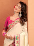 Gorgeous Cream Patola Weaving Silk Party Wear Saree With Blouse