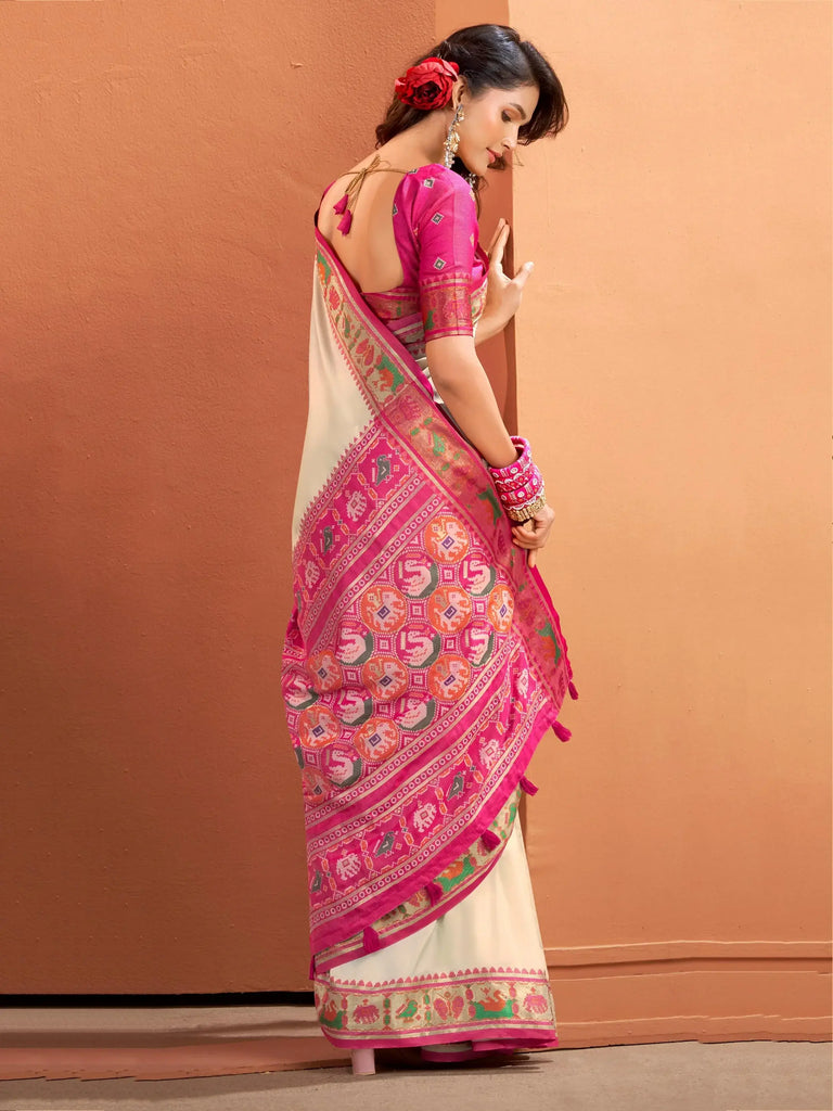 Gorgeous Cream Patola Weaving Silk Party Wear Saree With Blouse