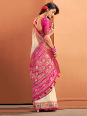 Gorgeous Cream Patola Weaving Silk Party Wear Saree With Blouse