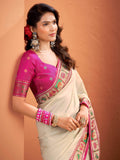 Gorgeous Cream Patola Weaving Silk Party Wear Saree With Blouse