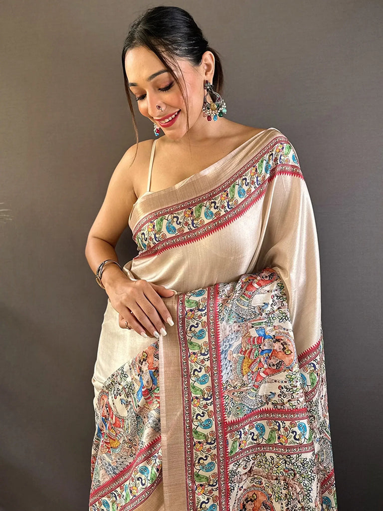 Surprising Cream Zari Weaving Silk Function Wear Saree With Blouse