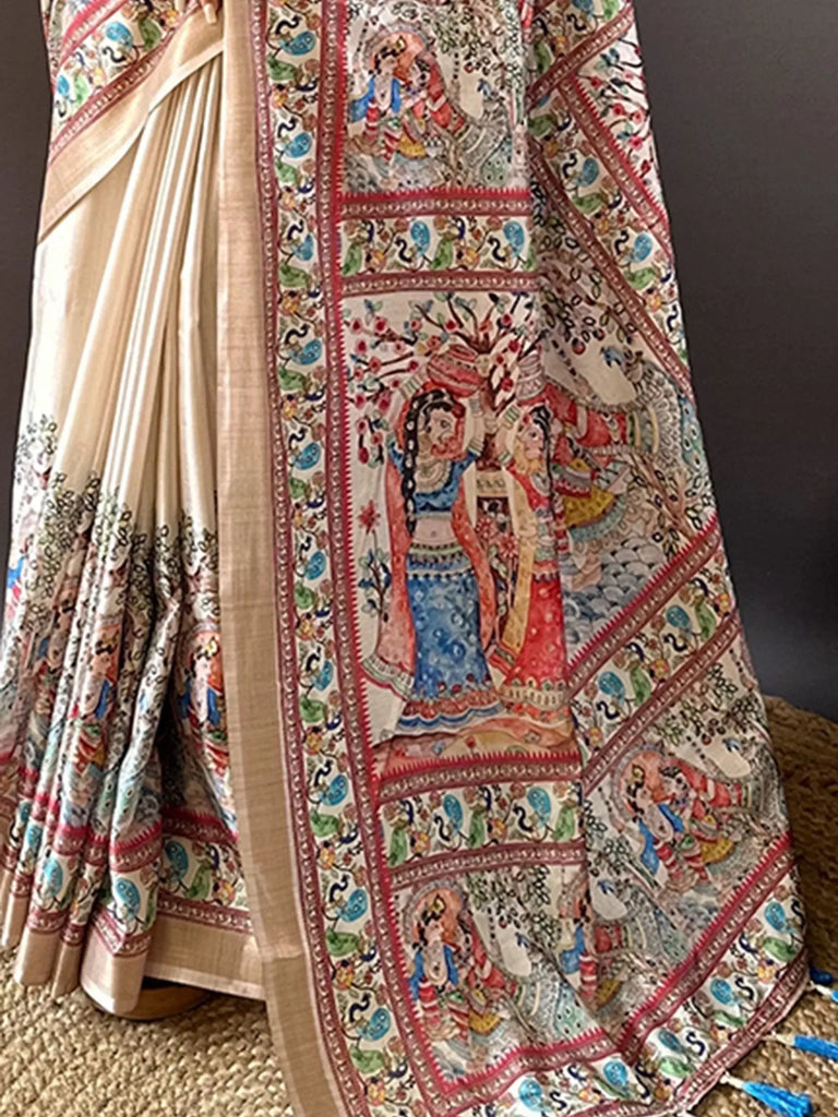 Surprising Cream Zari Weaving Silk Function Wear Saree With Blouse