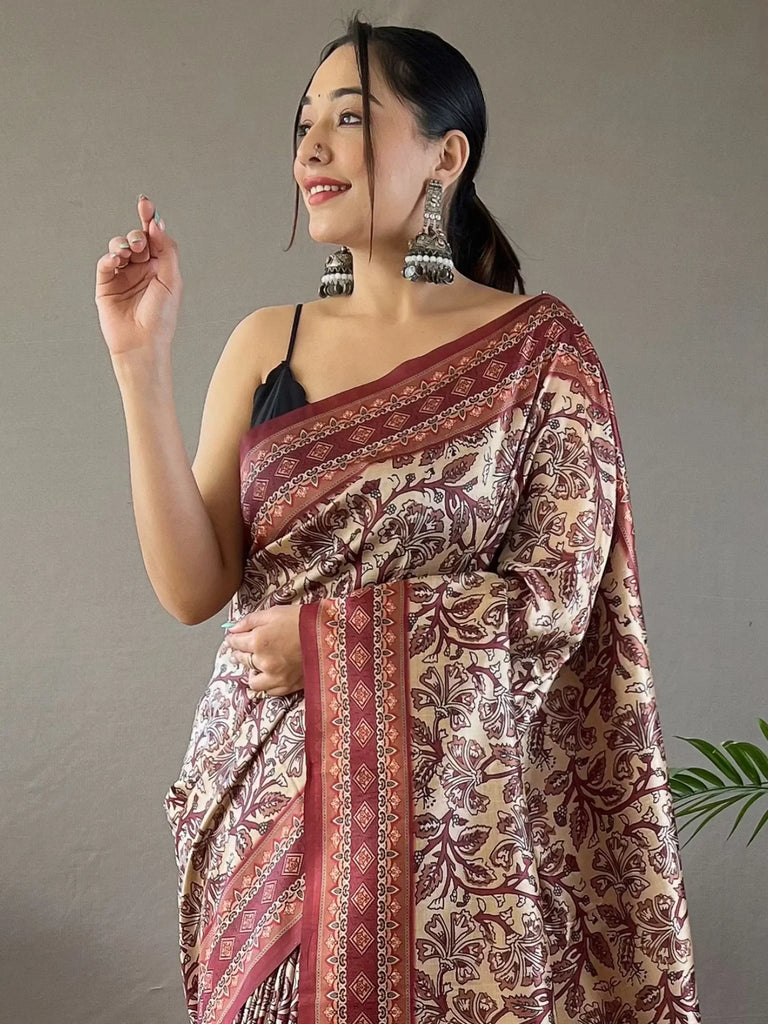 Amazing Cream Digital Printed Silk Wedding Wear Saree With Blouse