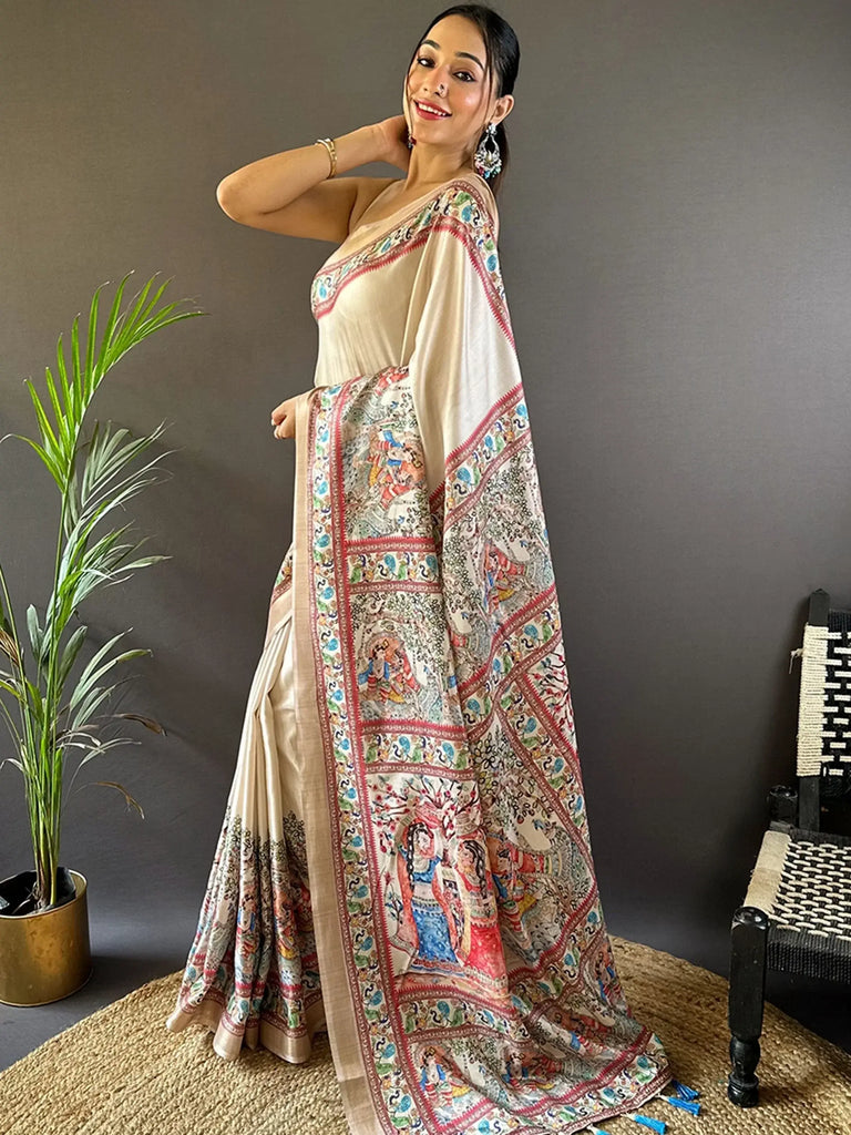 Surprising Cream Zari Weaving Silk Function Wear Saree With Blouse