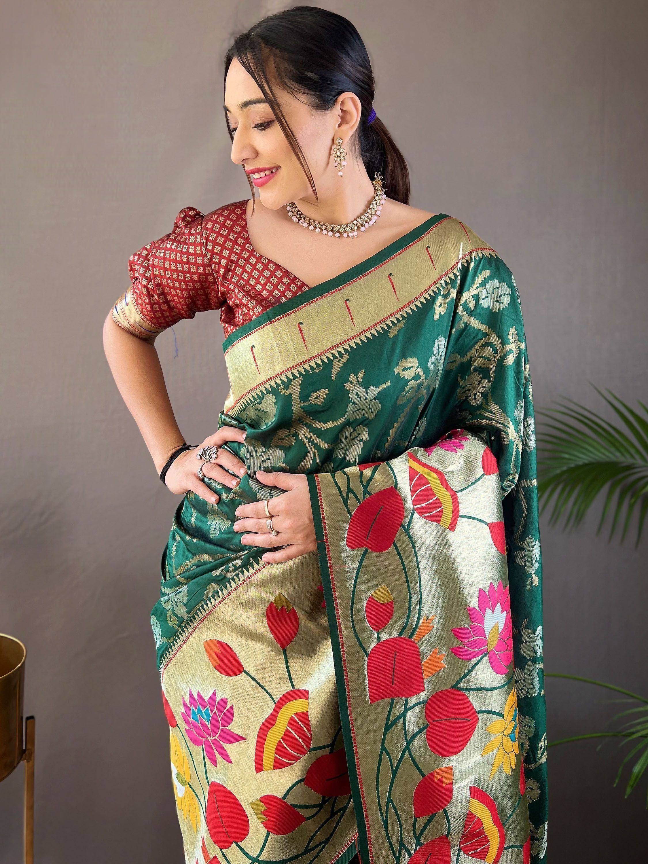 Green and gold floral saree with red blouse, perfect for Indian ethnic wear