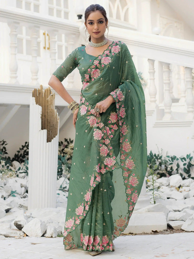 Awesome Green Embroidered Silk Event Wear Saree With Blouse