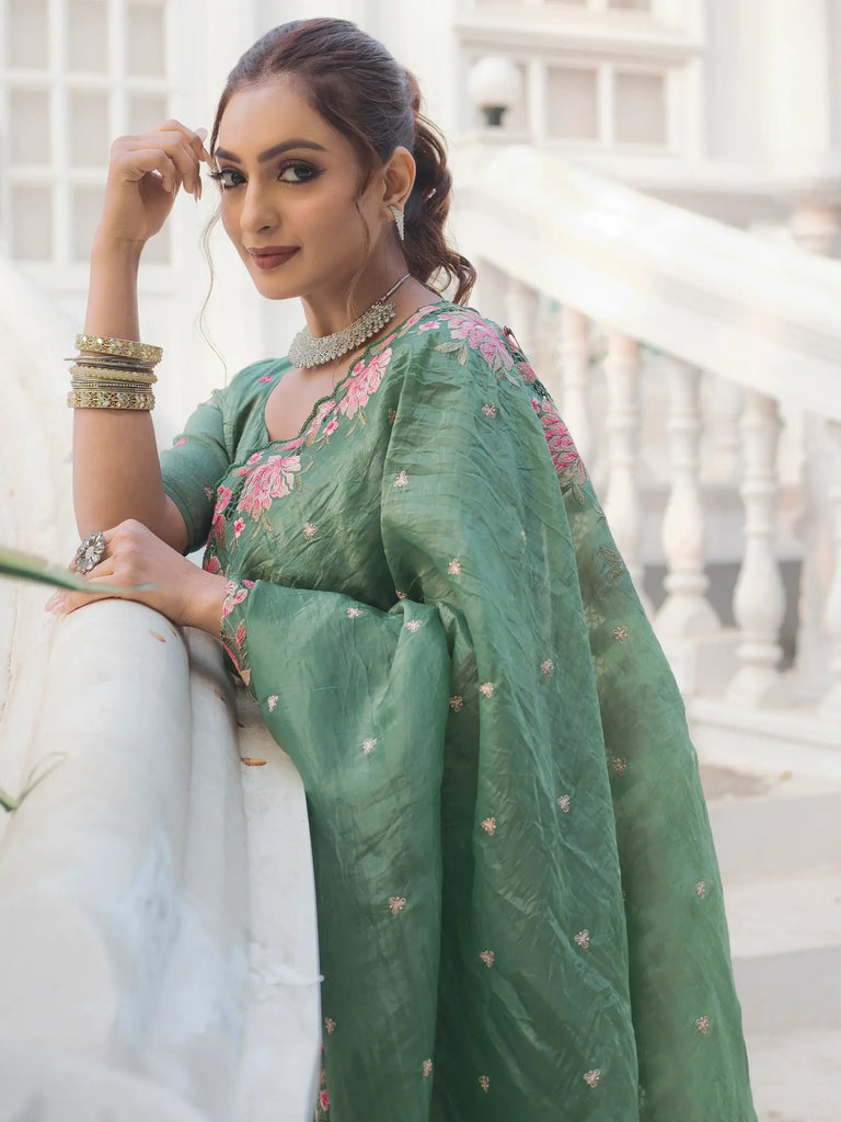 Awesome Green Embroidered Silk Event Wear Saree With Blouse
