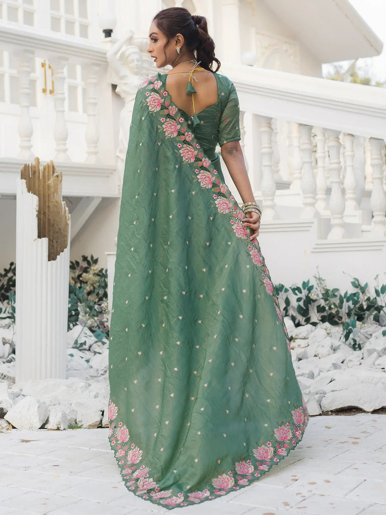 Awesome Green Embroidered Silk Event Wear Saree With Blouse