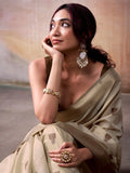 Dazzling Cream Floral Weaving Cotton Saree With Blouse