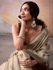 Dazzling Cream Floral Weaving Cotton Saree With Blouse