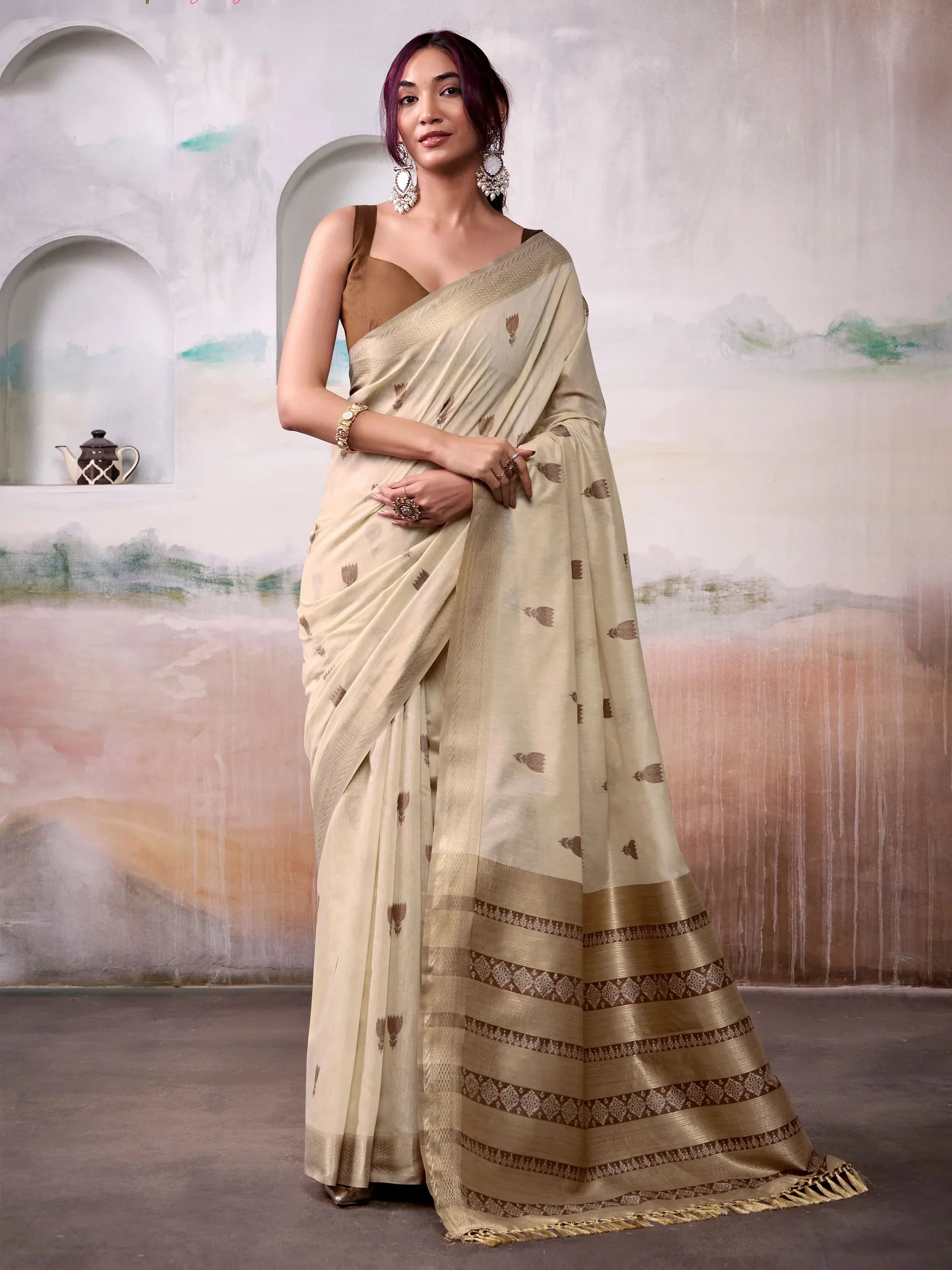Dazzling Cream Floral Weaving Cotton Saree With Blouse
