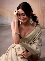 Dazzling Cream Floral Weaving Cotton Saree With Blouse