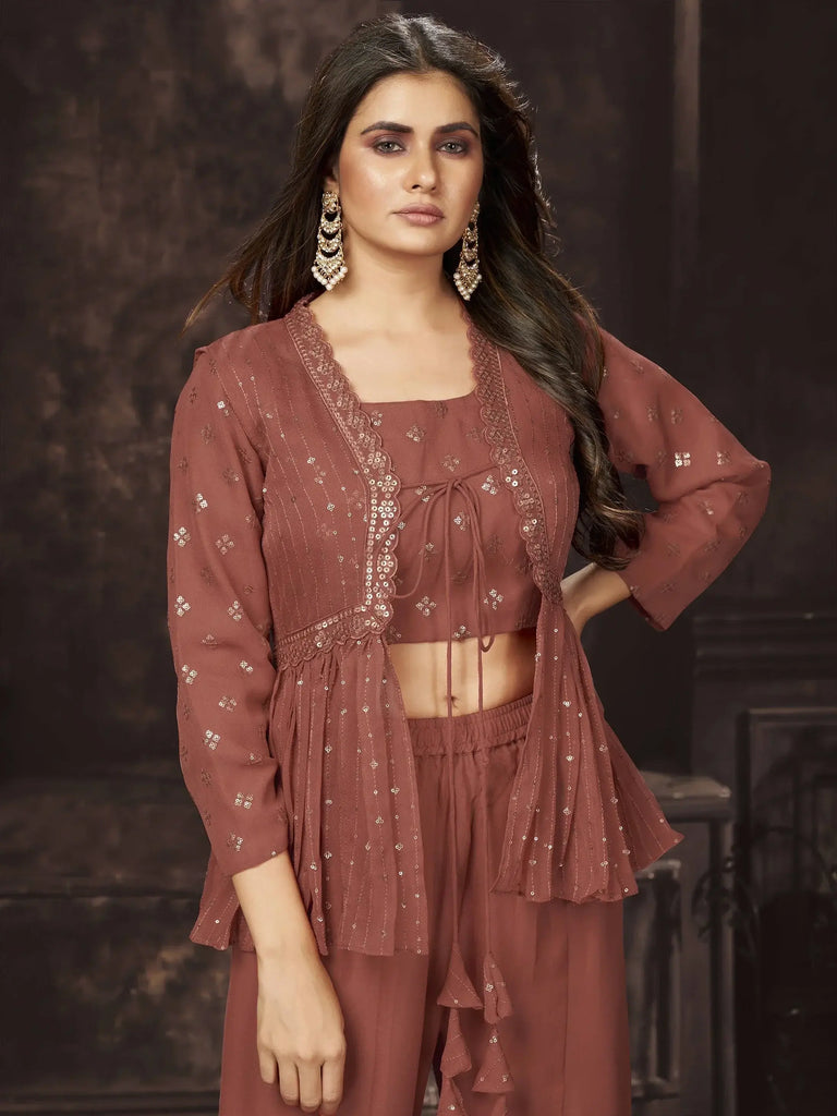 Delightful Brown Sequins Georgette Ready-to-wear Indo-Western Sharara