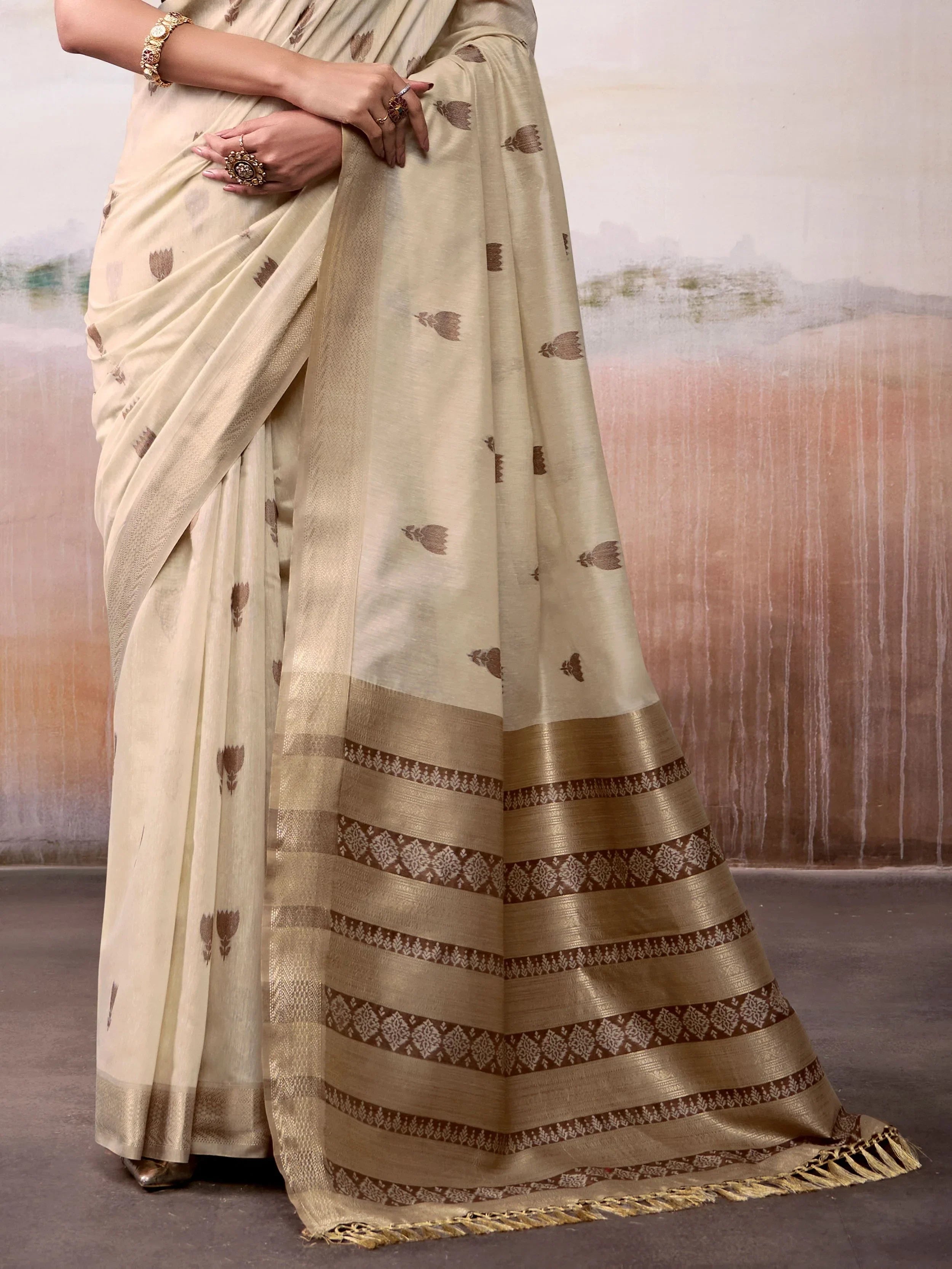 Dazzling Cream Floral Weaving Cotton Saree With Blouse