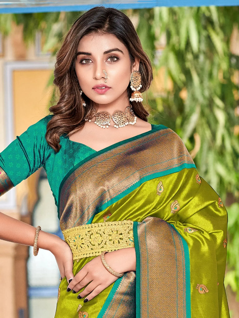 Precious Green Weaving Paithani Silk Wedding Wear Saree With Blouse