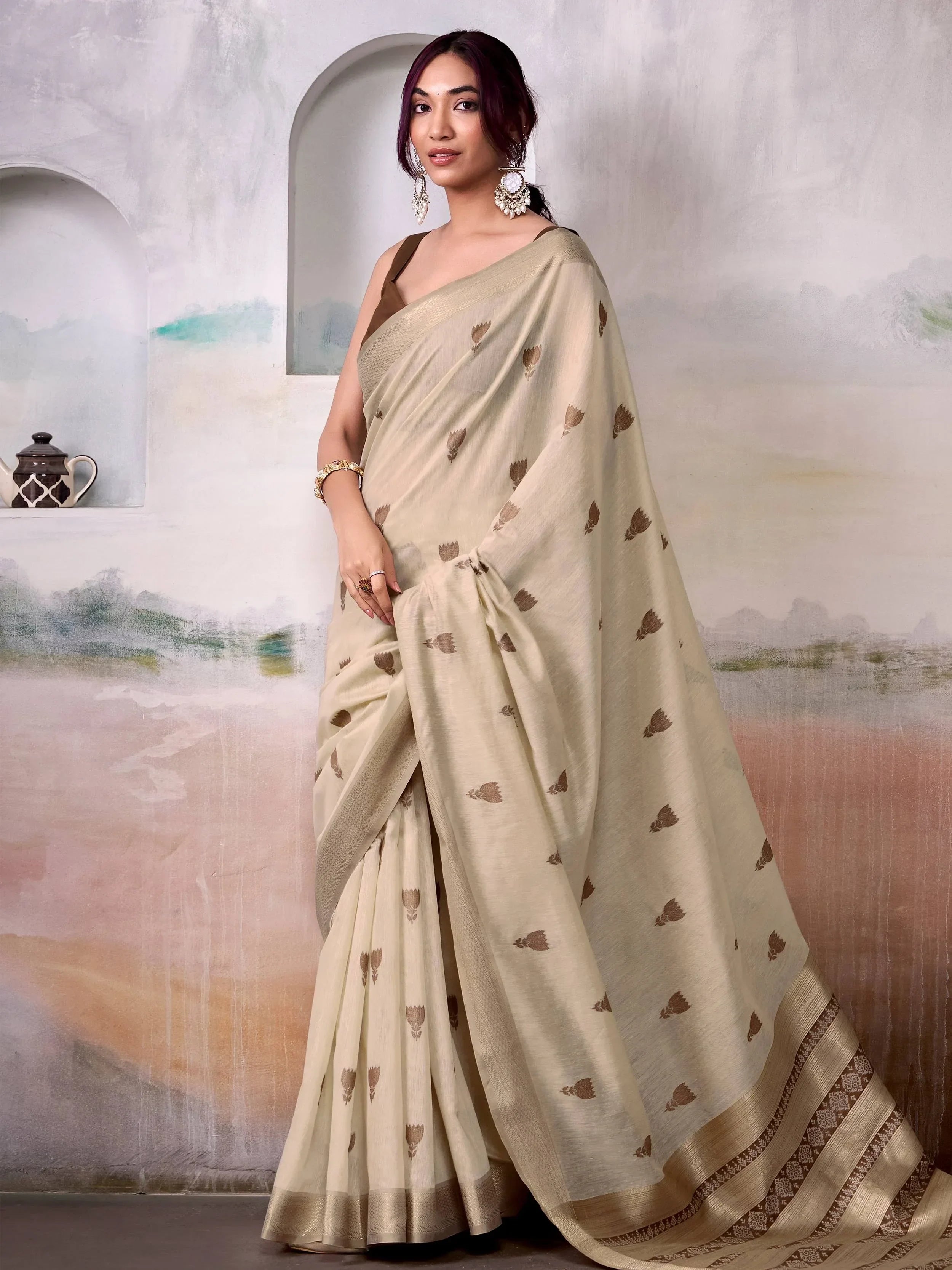 Dazzling Cream Floral Weaving Cotton Saree With Blouse