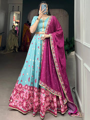 Charming Sky-Blue Floral Printed Silk Function Wear Lehenga Choli