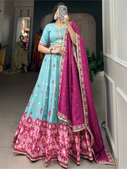 Charming Sky-Blue Floral Printed Silk Function Wear Lehenga Choli