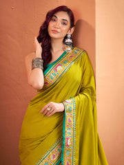 Glamorous Lime Green Patola Silk Weaving Saree With Blouse