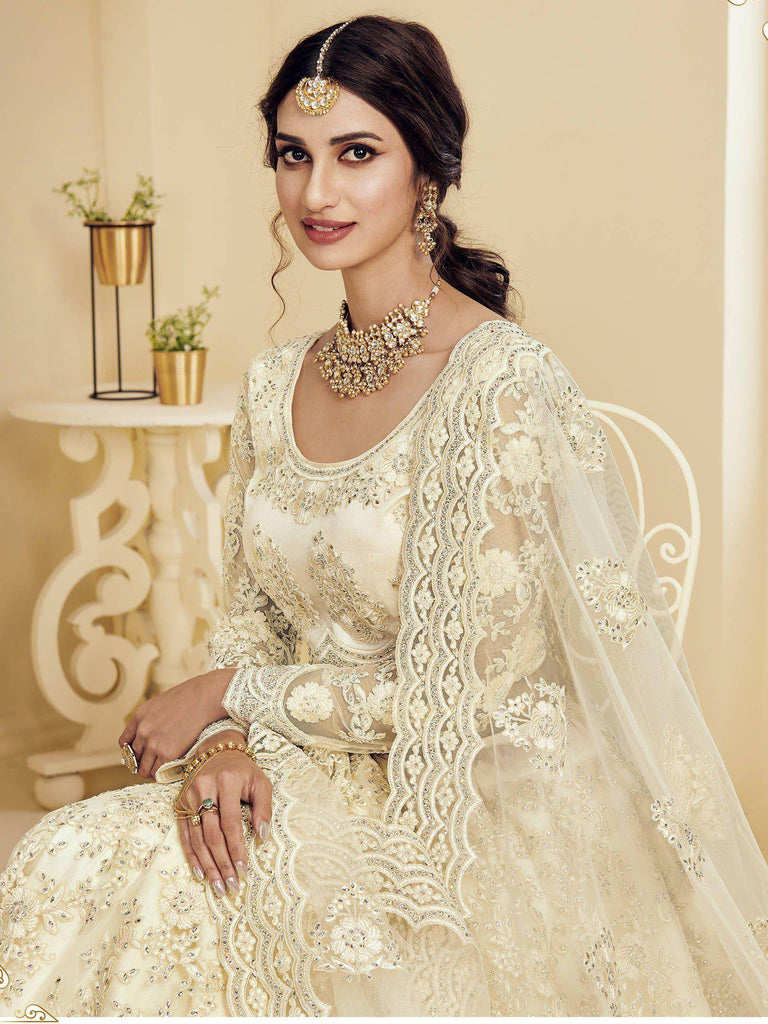 Off White Coding Embroidered Net Bridal Lehenga Choli