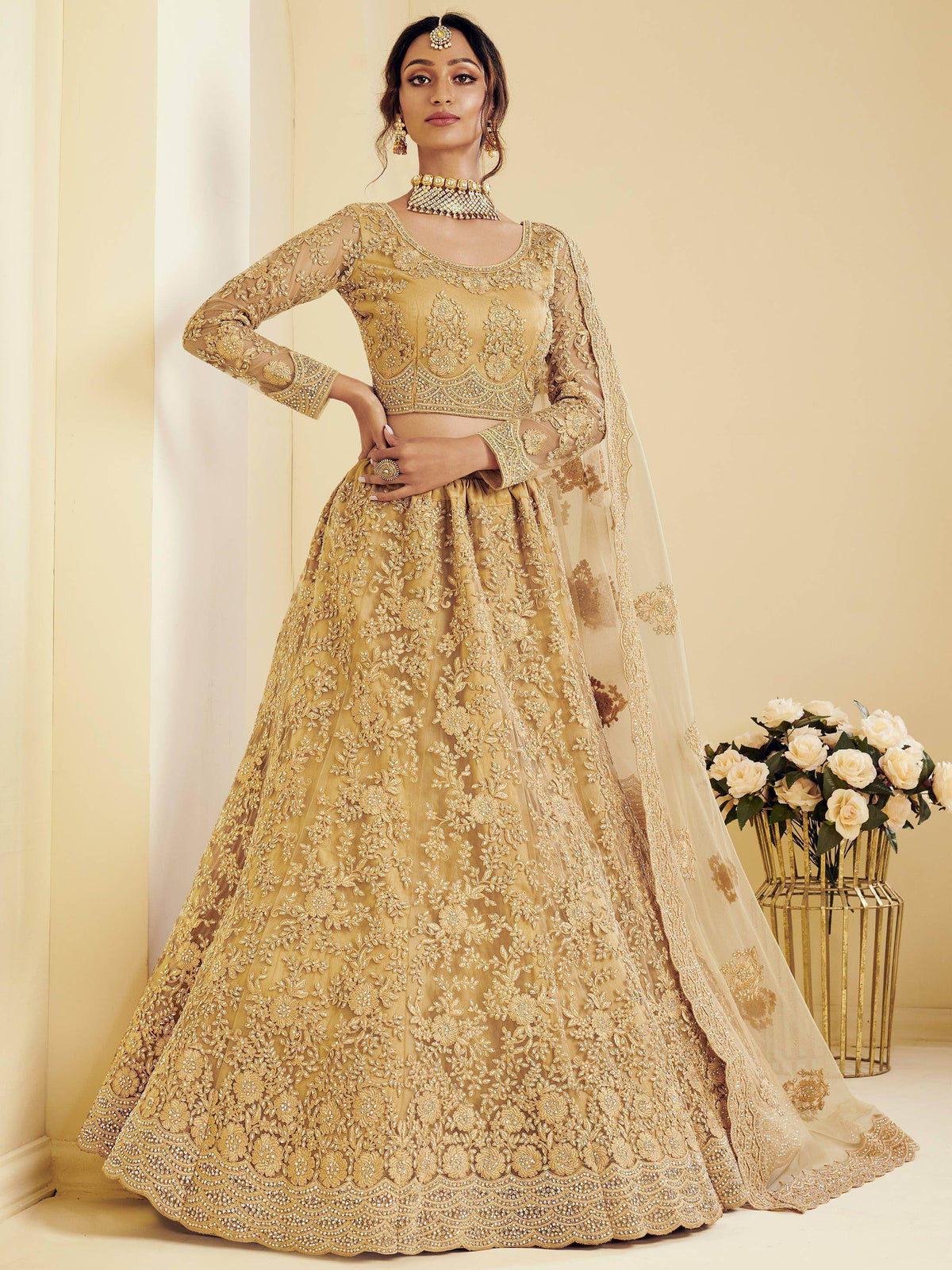 Golden Coding Embroidered Net Bridal Lehenga Choli