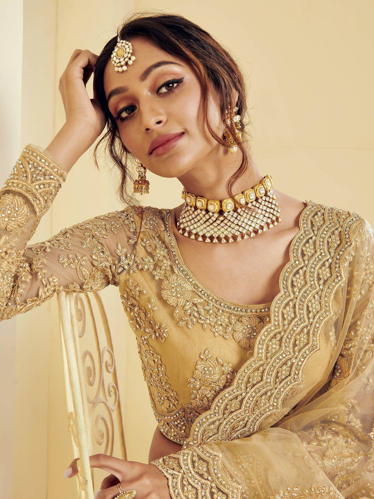 Golden Coding Embroidered Net Bridal Lehenga Choli