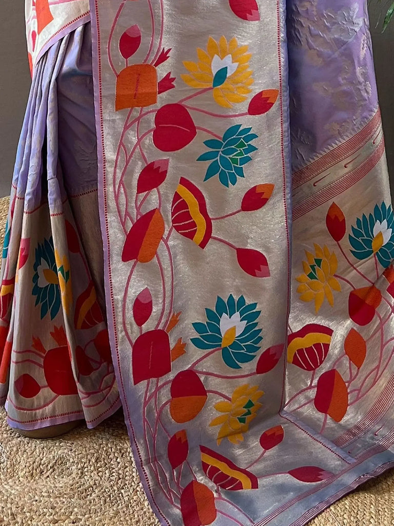 Lovable Lavender Weaving Paithani Silk Function Wear Saree With Blouse