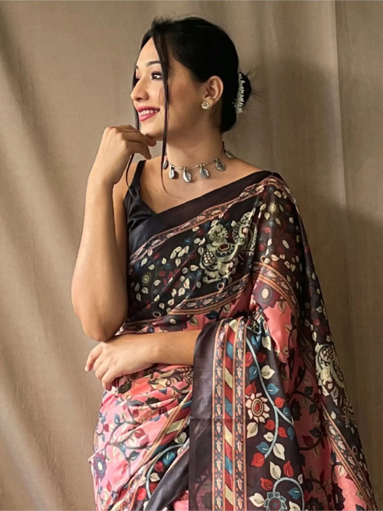 Fabulous Pink Printed Cotton Festival Wear Saree With Blouse