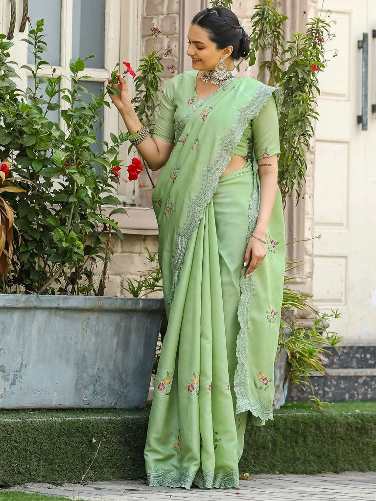Attractive Pista Color Embroidered Cotton Wedding Wear Saree With Blouse
