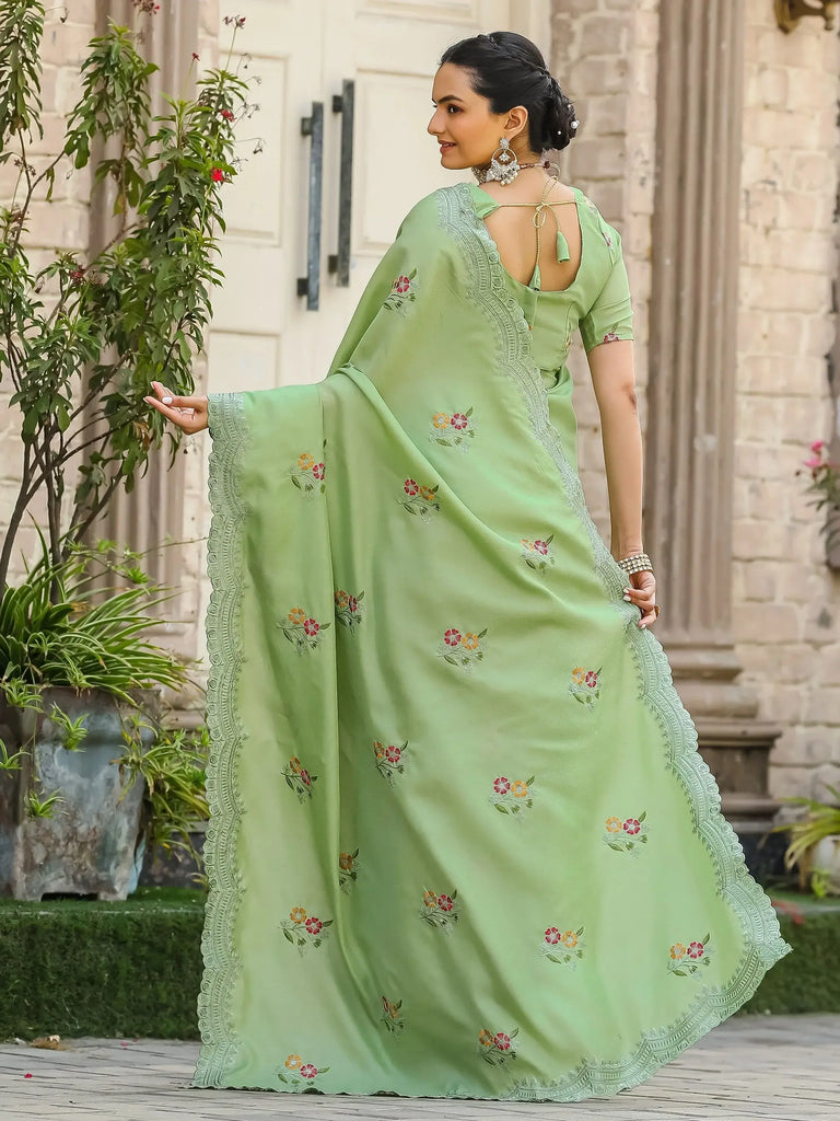 Attractive Pista Color Embroidered Cotton Wedding Wear Saree With Blouse