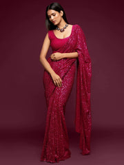 Sabyasachi Pink Sequins Georgette Party Wear Saree With Blouse