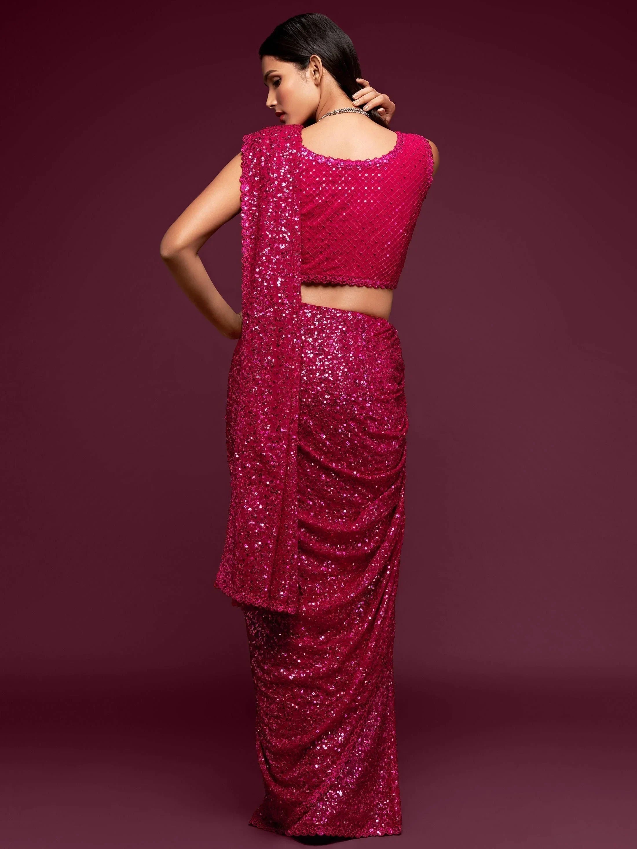 Hot Pink Fully Sequined Georgette Party Wear Saree