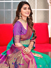 Pretty Teal Green Weaving Paithani Silk Traditional Saree With Blouse