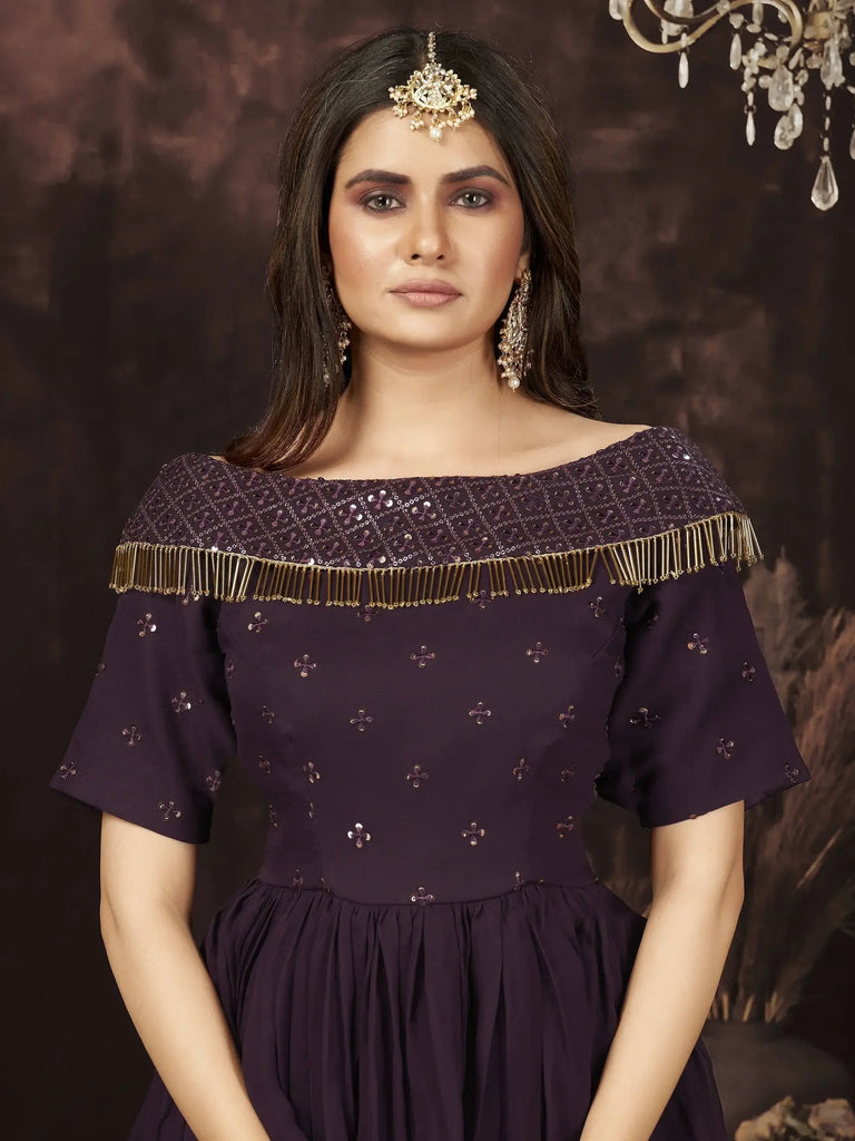 Enjoyable Wine Sequins Georgette Ready Made Lehenga Suit