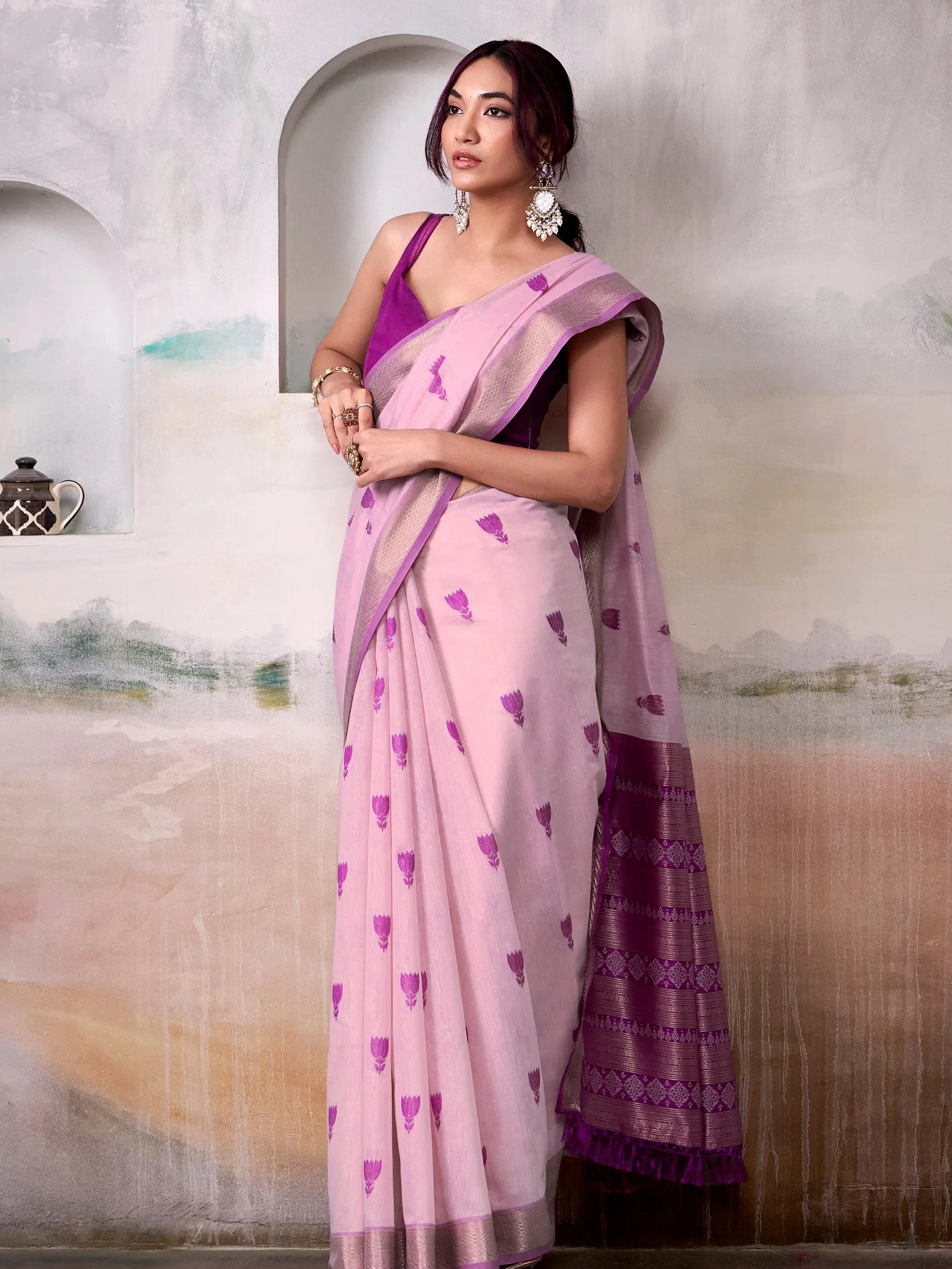 Mesmerizing Pink Cotton Weaving Event Wear Saree With Blouse