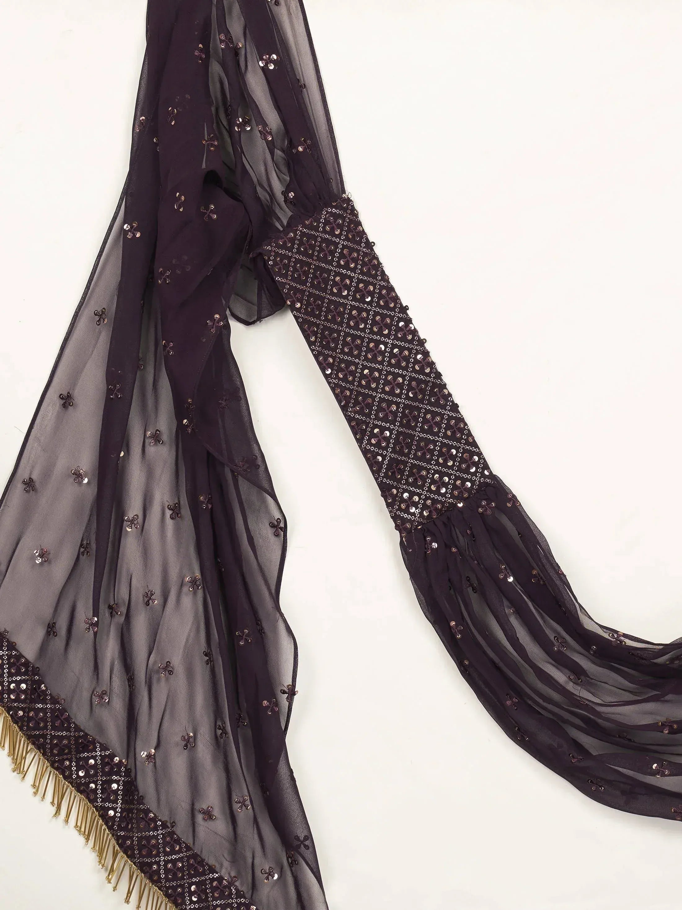 Elegant purple sheer dupatta with sequin embroidery and gold fringe, perfect for Indian ethnic wear
