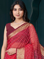 Glamorous Red Beads Work Jacquard Traditional Saree With Blouse