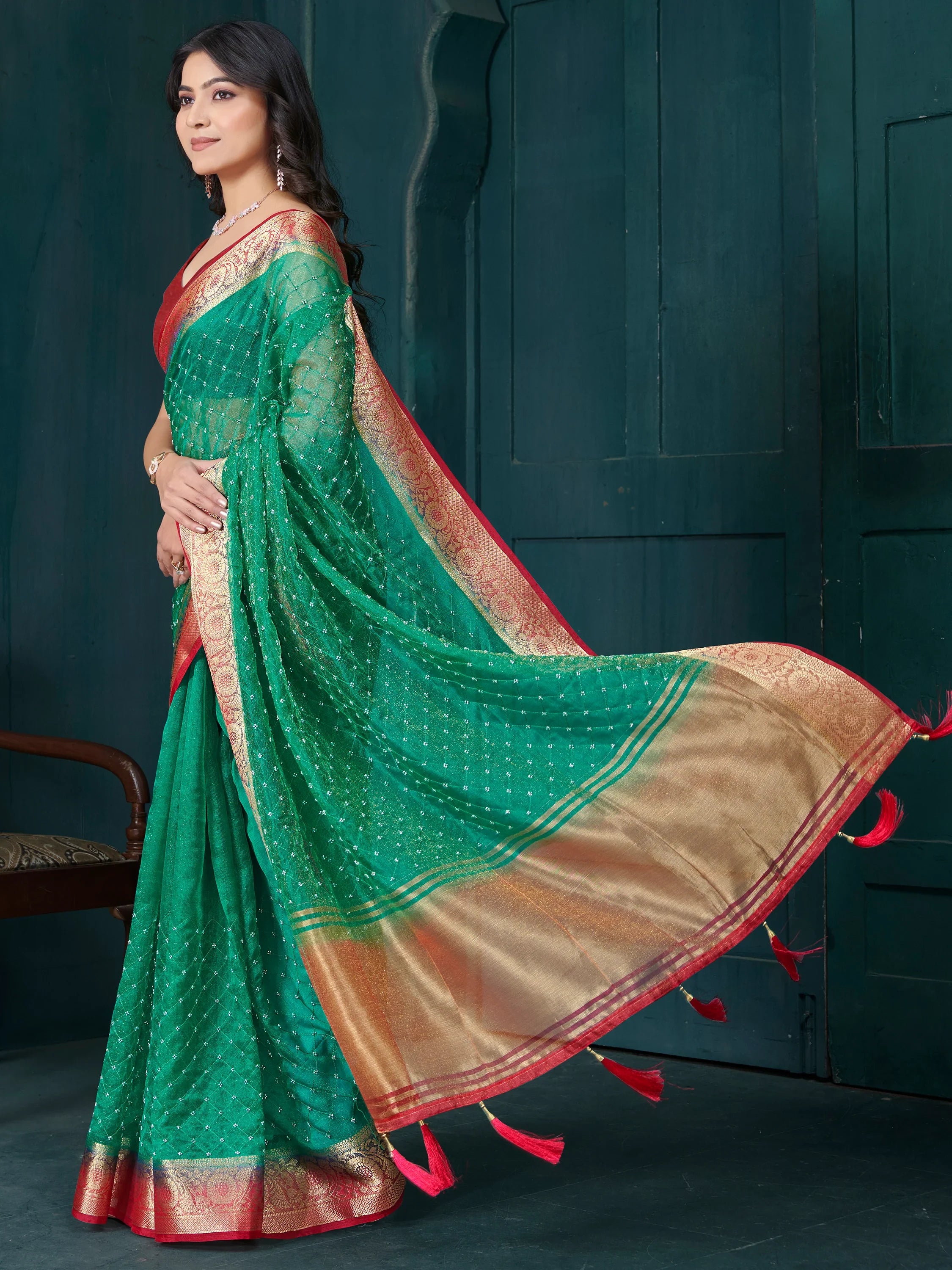 Alluring Green Beads Work Jacquard Casual Wear Saree With Blouse