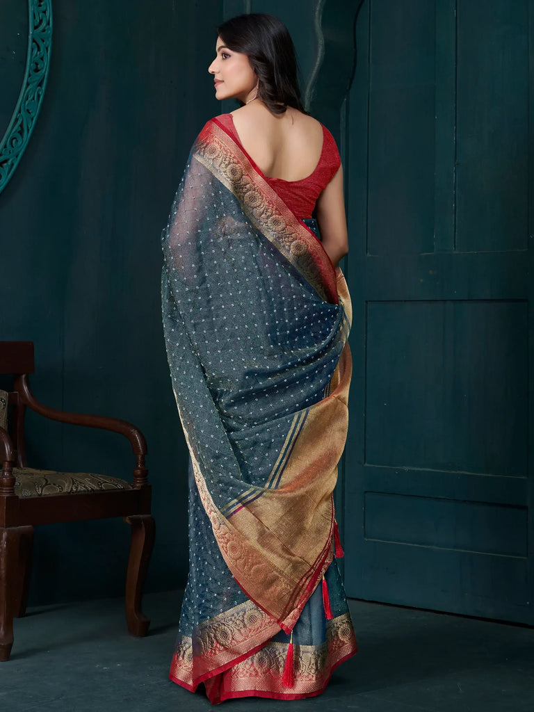 Captivating Blue Beads Work Jacquard Event Wear Saree With Blouse
