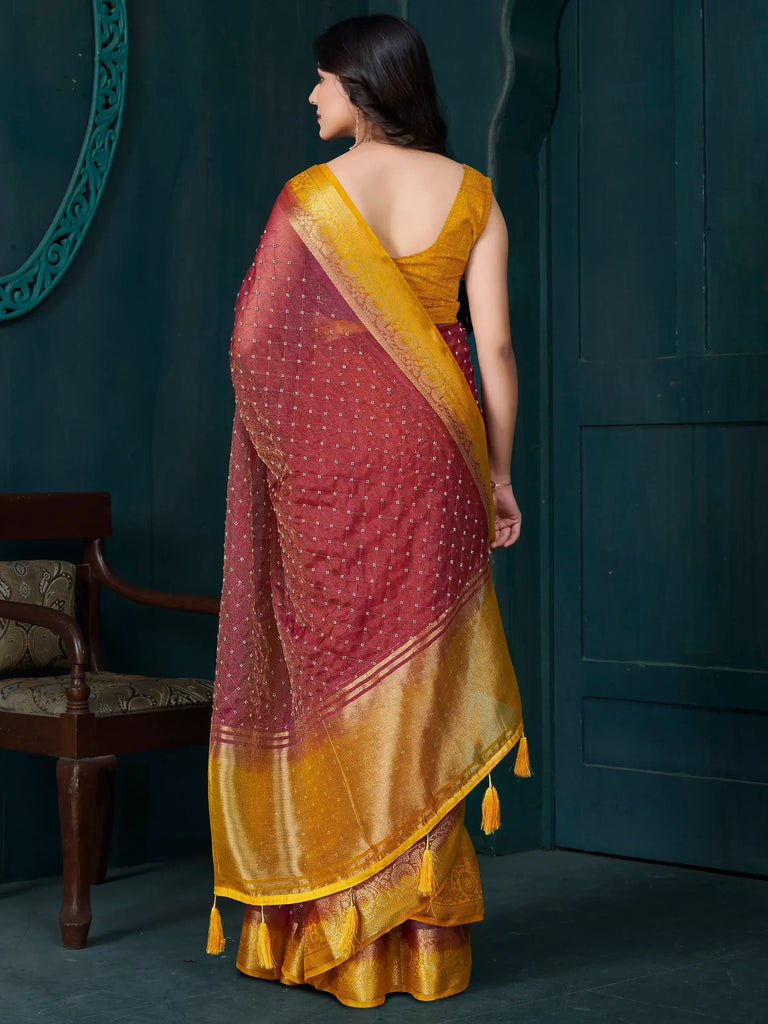 Tantalizing Maroon Beads Work Jacquard Festival Wear Saree