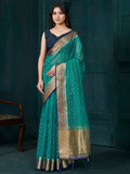 Beautiful Sea Green Beads Work Jacquard Traditional Saree With Blouse