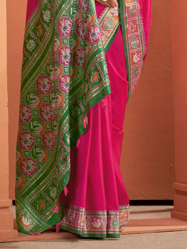 Rich Hot Pink Patola Silk Weaving Function Wear Saree With Blouse