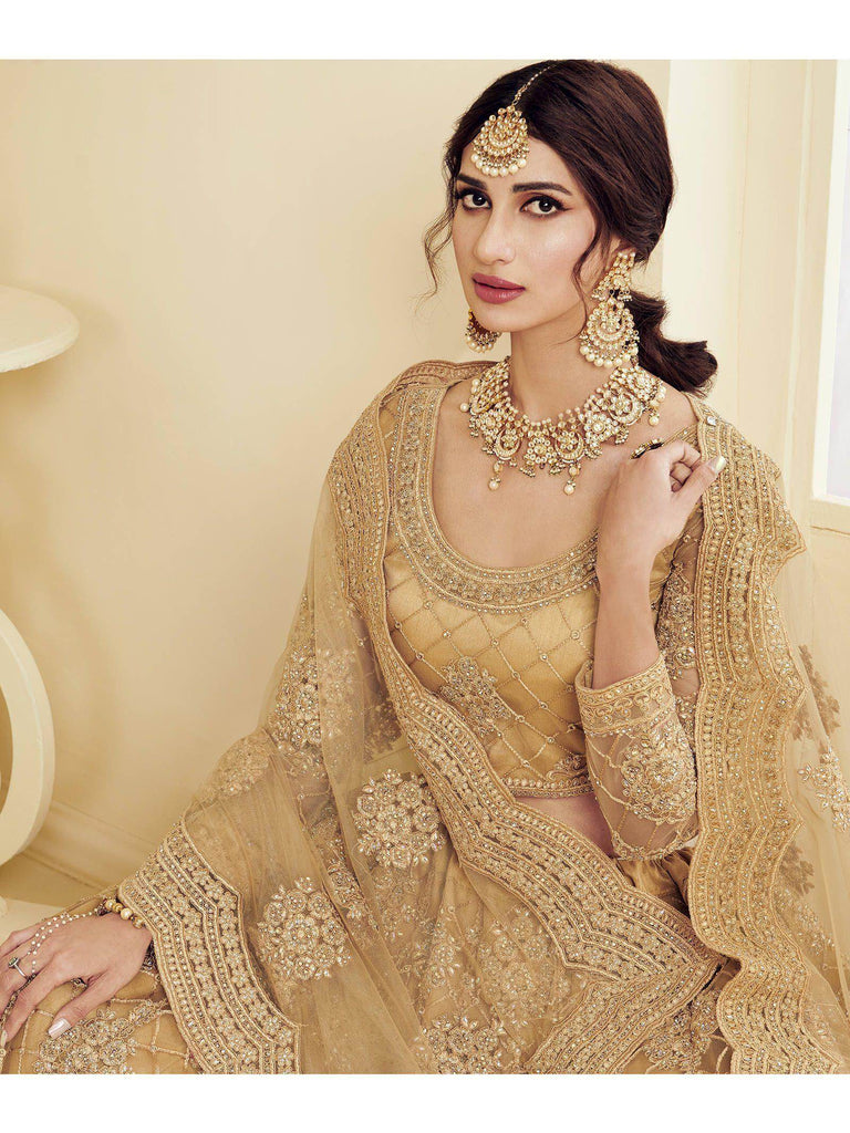 Golden Coding Embroidery Net Bridal Wear Lehenga Choli