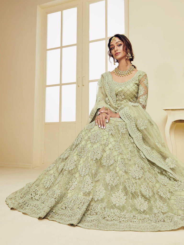 Mint Green Coding Embroidery Net Bridal Wear Lehenga Choli